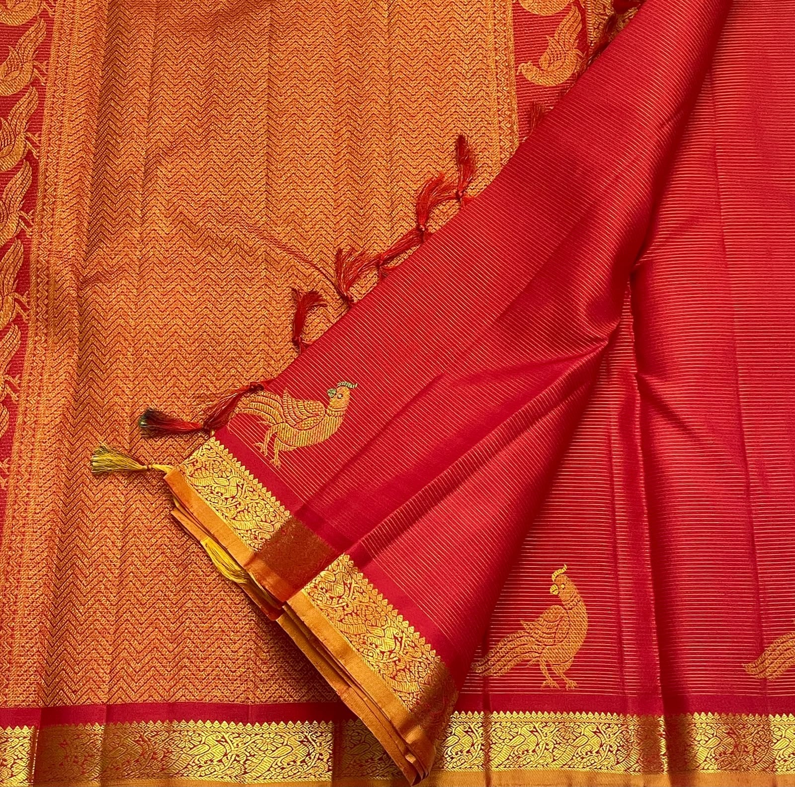 Vermilion red pure silk Kancheepuram Vairaoosi saree, draped front view