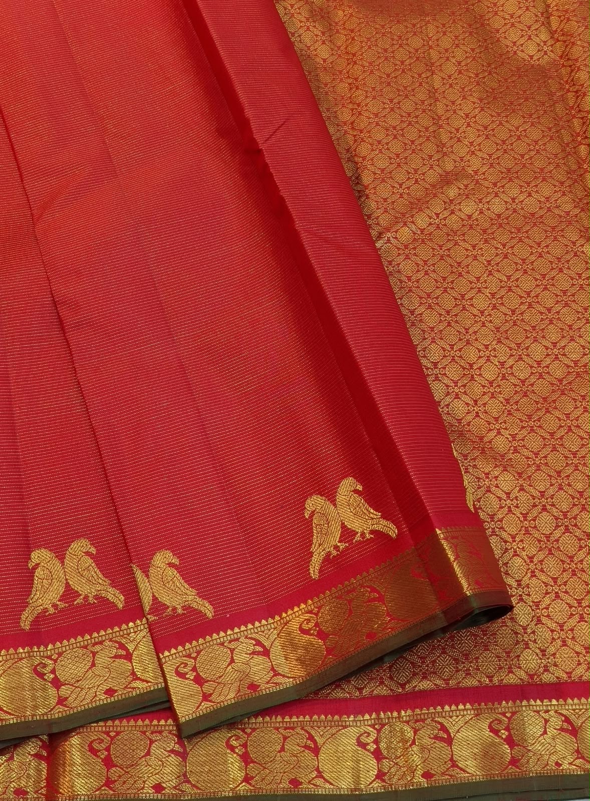 Vermilion red Pure Silk Kanjivaram Vairaoosi saree with Kili motifs