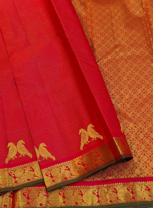 Vermilion red Pure Silk Kanjivaram Vairaoosi saree with Kili motifs
