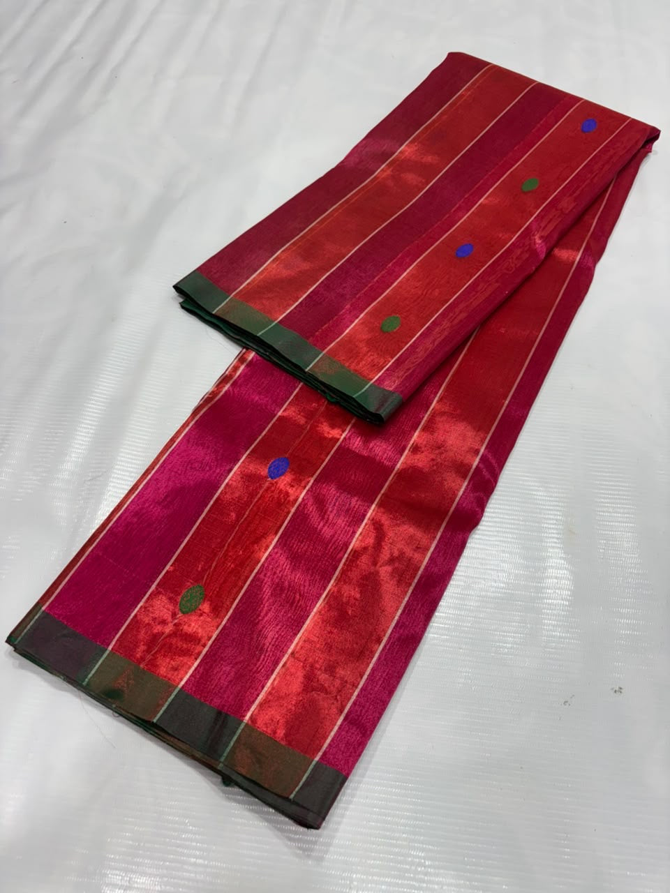 Vermilion Red and Rani Pink Tissue Silk Chanderi saree, full drape with jari-striped pallu