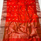 Vermilion Red Pattu Silk Chanderi saree with cool silver metallic border detailing