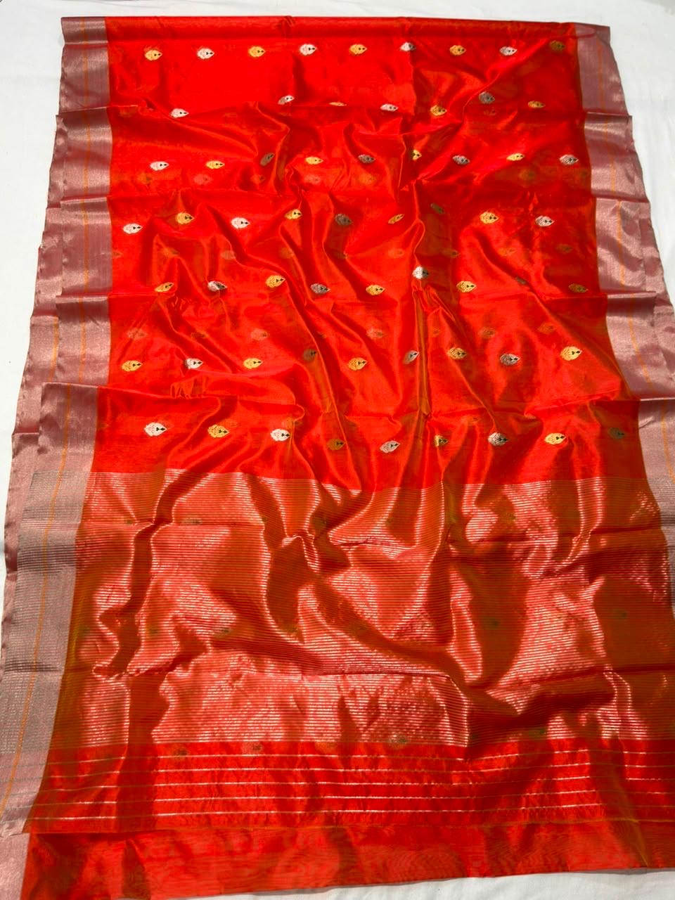 Vermilion Red Pattu Silk Chanderi saree with cool silver metallic border detailing