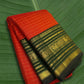 Pure Kanchipuram silk saree in vermilion red with forest green Varisaipet border and antique gold zari