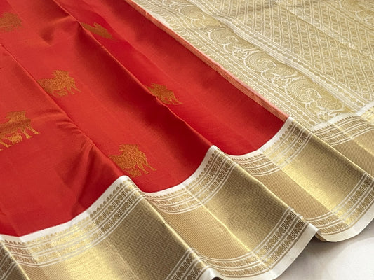Vermilion Red and Warm Ivory handwoven Pure Silk Kanjivaram saree