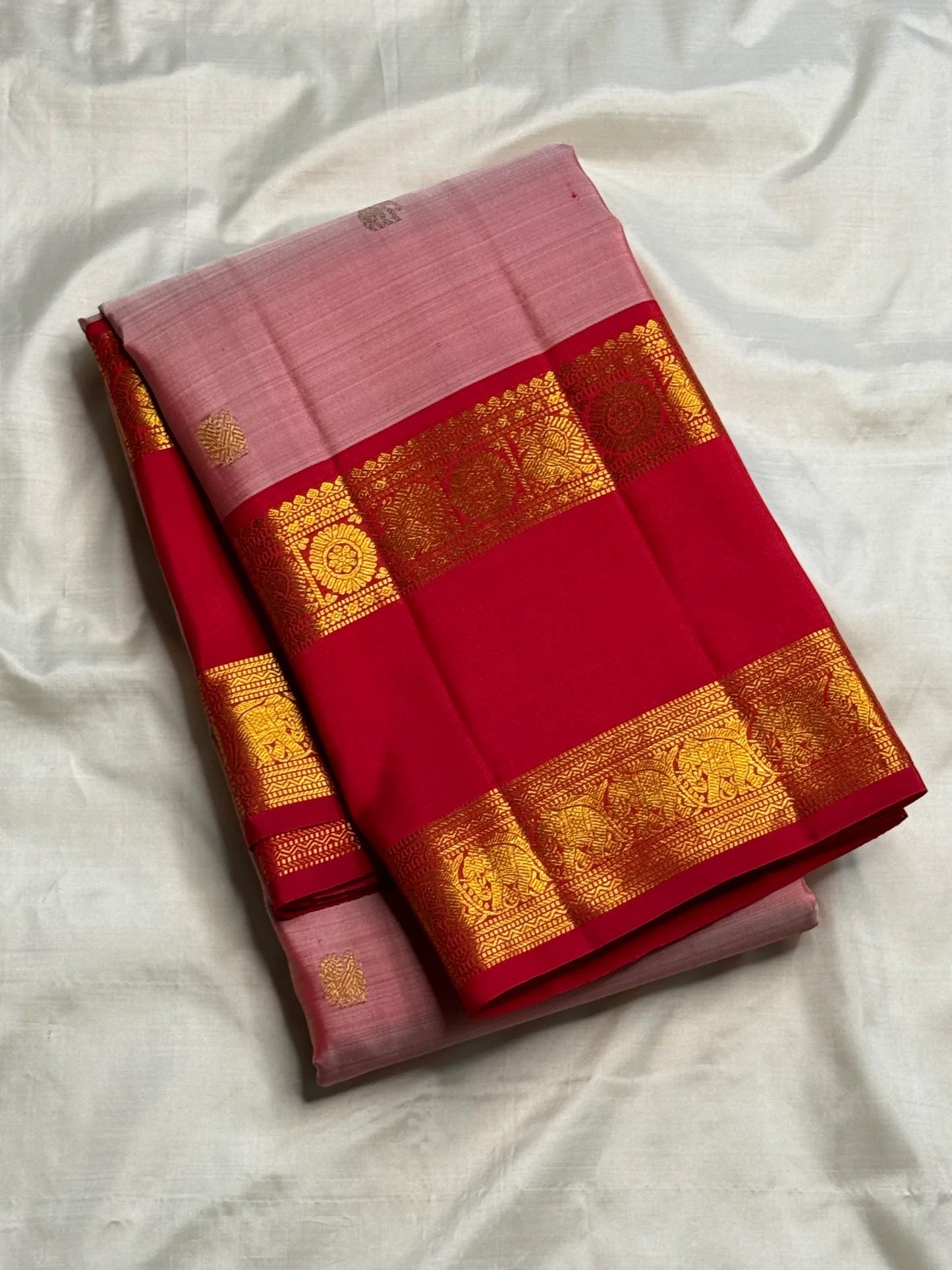 Vintage Rose and Ruby Red Handwoven Pure Silk Kanchipuram Saree with Rettapet Border