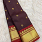 Deep Paaku brown handwoven pure silk Kanjivaram Korvai saree with vermilion zari border and Mayil Chakram buttas, main view
