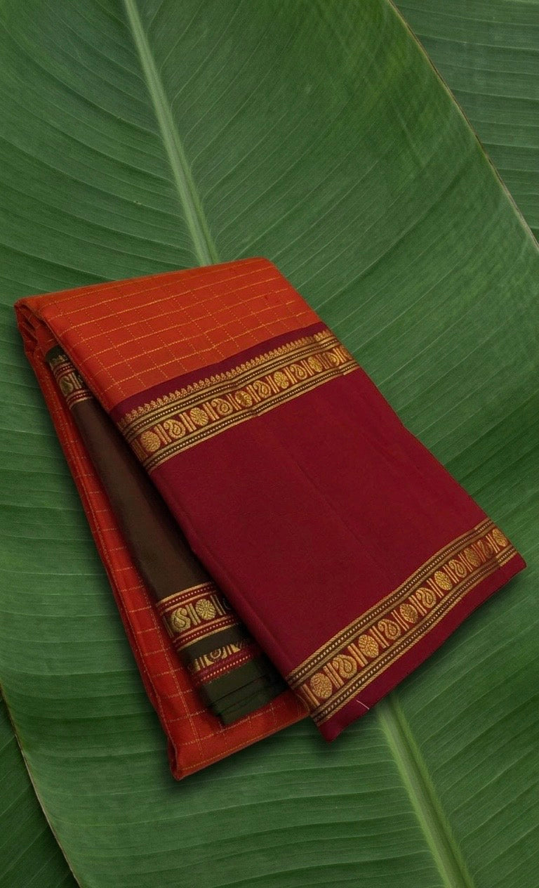 Vermillion Orange and Red Handwoven Pure Silk Kanjeevaram Saree with Korvai Rettapet Border and Zari Kattam