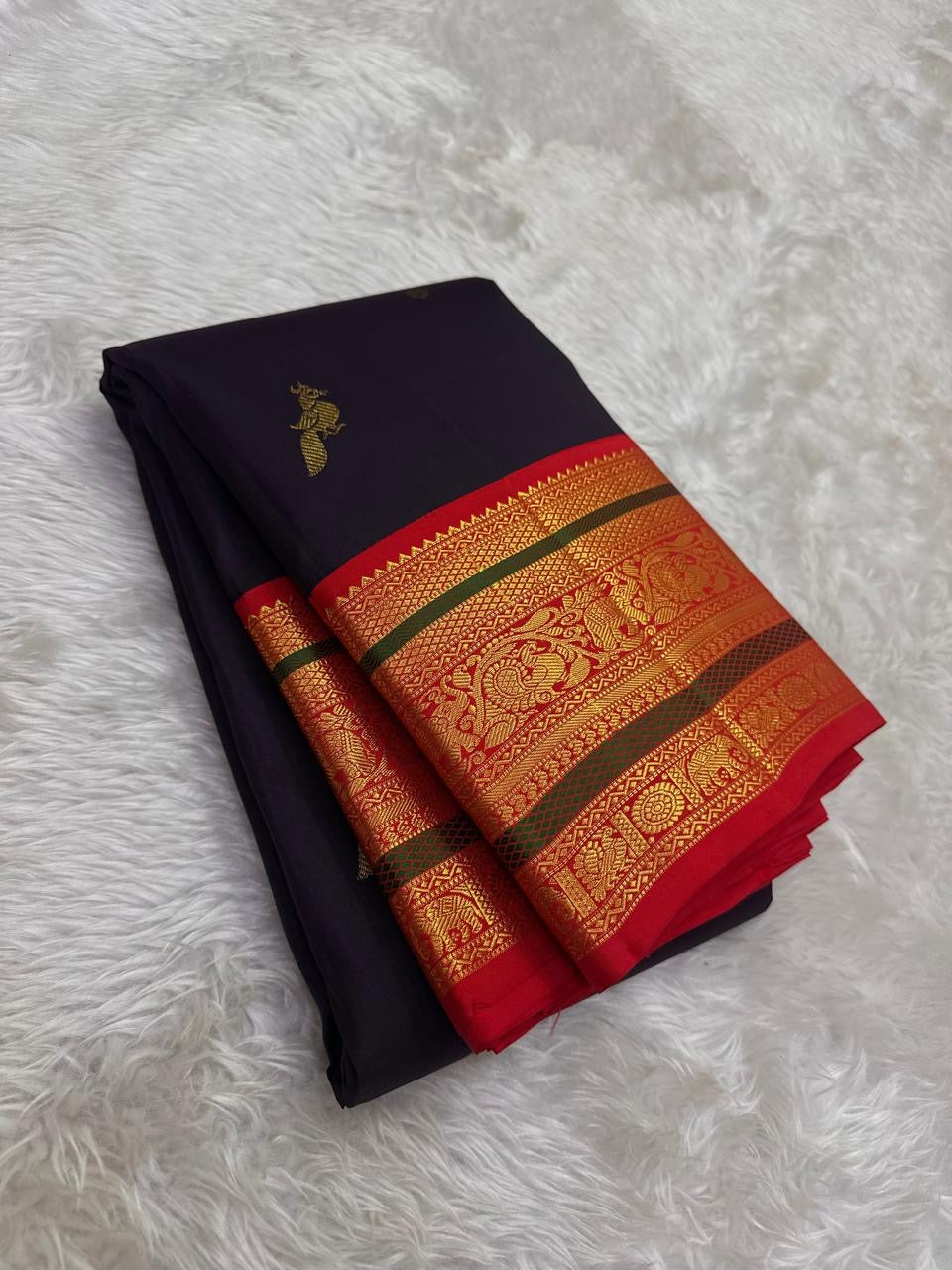 Deep Aubergine Pure Silk Kanchipuram Korvai saree with vermillion red gold zari border