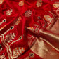 Vermillion red Chanderi silk saree showing multicolour ornamental border and luminous metallic pallu