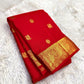 Vermillion red Kanjivaram silk saree with mayil chakram butta – drape view