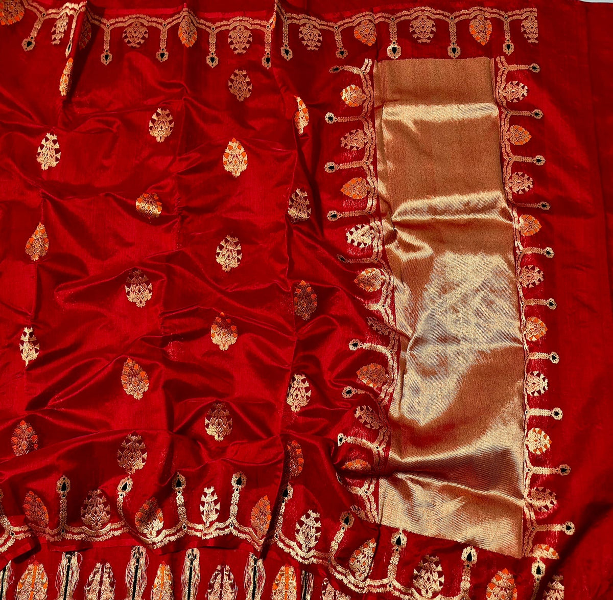 Full Vermillion Red handloom Chanderi silk saree with multicolour woven border and broad metallic pallu