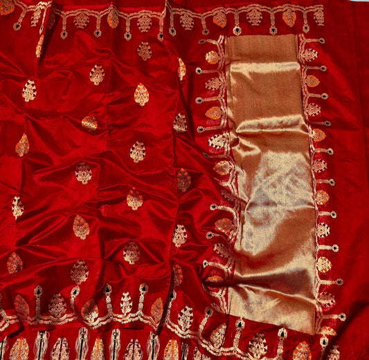 Full Vermillion Red handloom Chanderi silk saree with multicolour woven border and broad metallic pallu