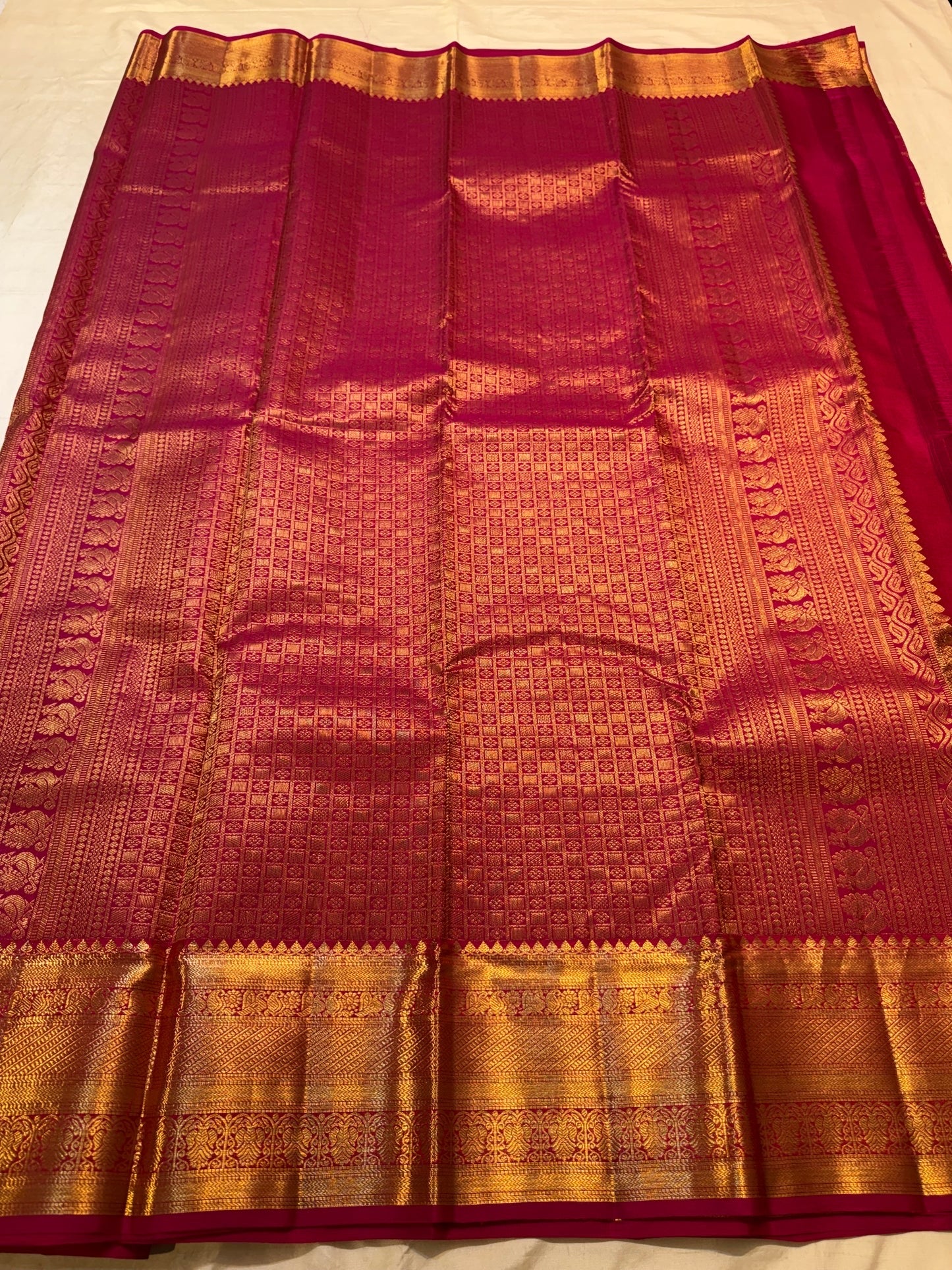 Vibrant Raspberry Pink Pure Silk Kanchipuram Butta Saree - front view