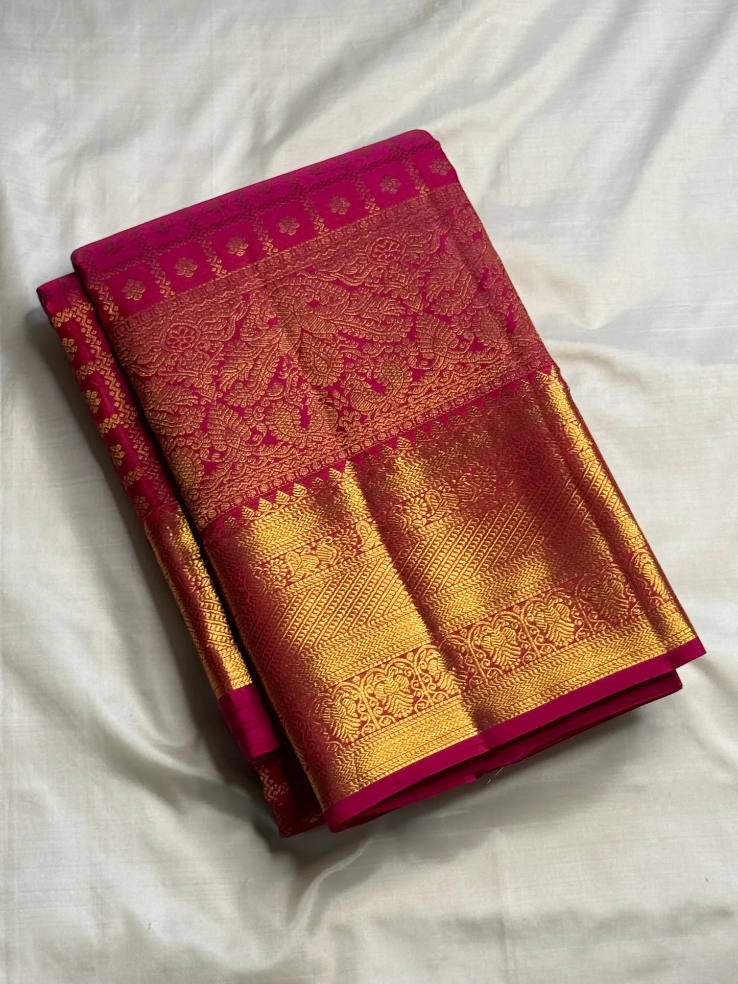 Vibrant Raspberry Pink Pure Silk Kanchipuram Butta Saree - grand heritage pallu