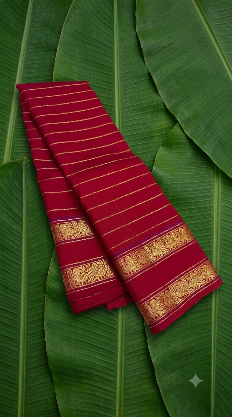 Vibrant red handwoven Kanjivaram pure silk saree with seepu reku body and rettapet vanasringaram border — Idam Living