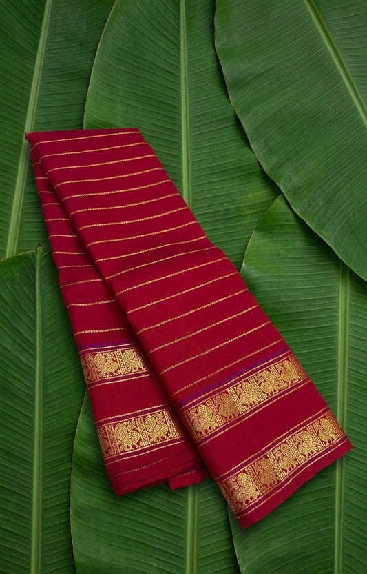 Vibrant red handwoven Kanjivaram pure silk saree with seepu reku body and rettapet vanasringaram border — Idam Living