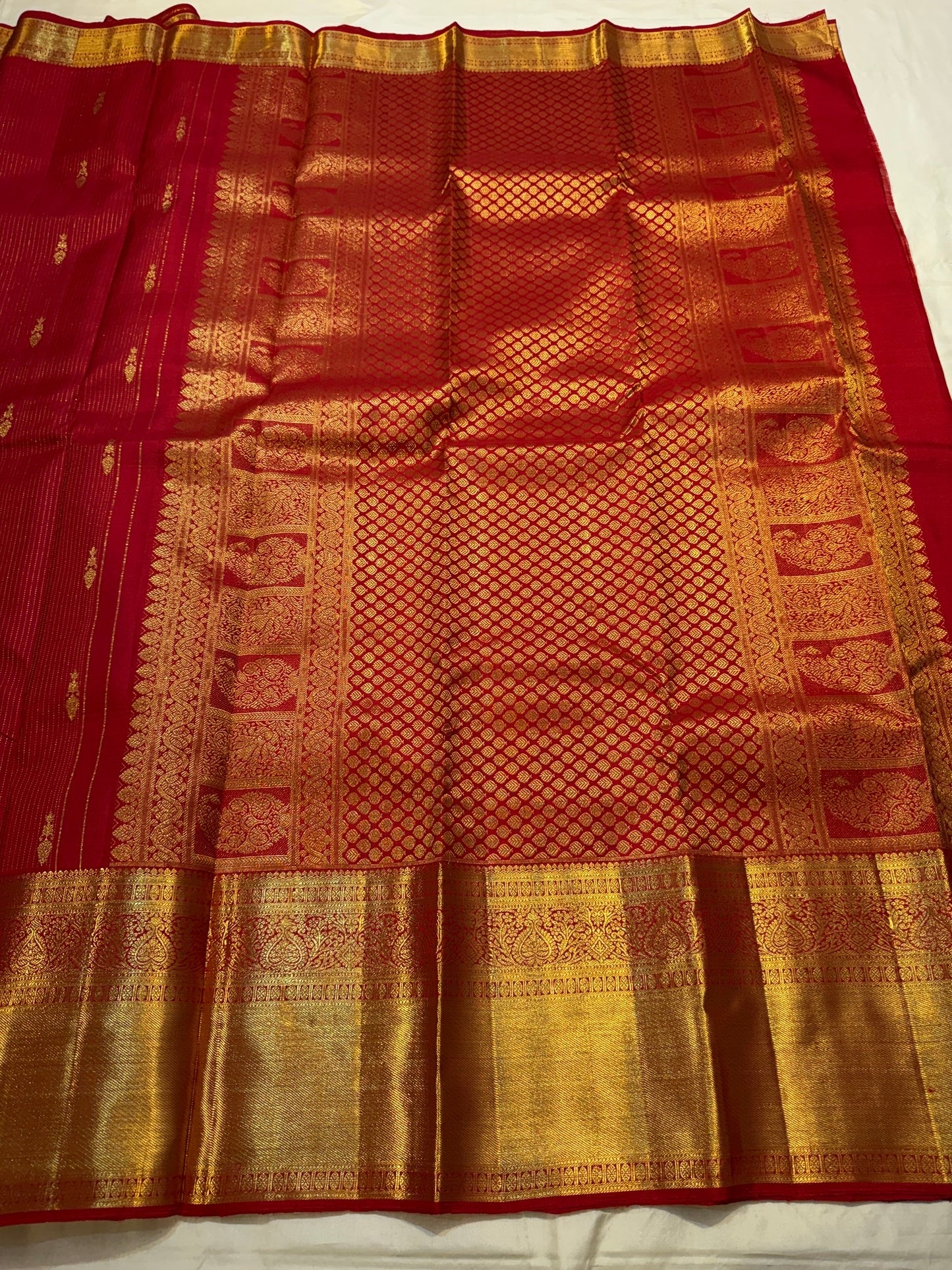 Rich gold zari pallu on vibrant red Kanjivaram pure silk saree — Idam Living