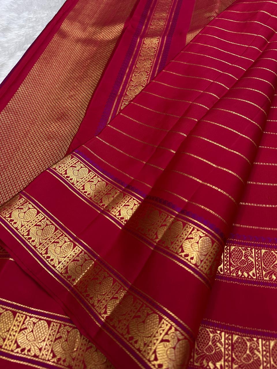 Purple silk thread accent stripes on rettapet border of vibrant red Kanchipuram saree — Idam Living