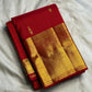 Pallu detail on vibrant red handwoven Kanchipuram pure silk saree — Idam Living