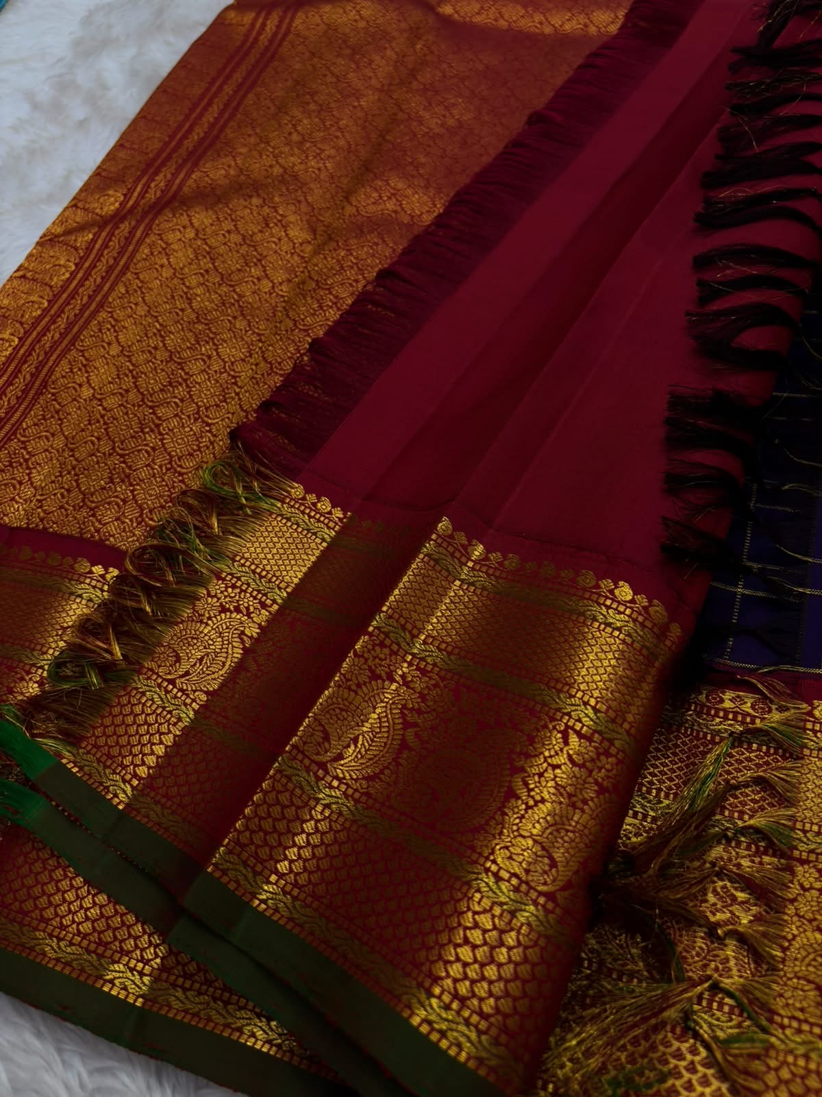 Vintage Aubergine Handwoven Pure Silk KanchiPattu Saree with Zari Kattam and Arakku Red Korvai Mayil Border