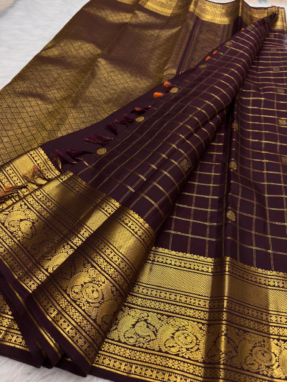 Vintage brown Kanjivaram saree with gold zari, Idam Living