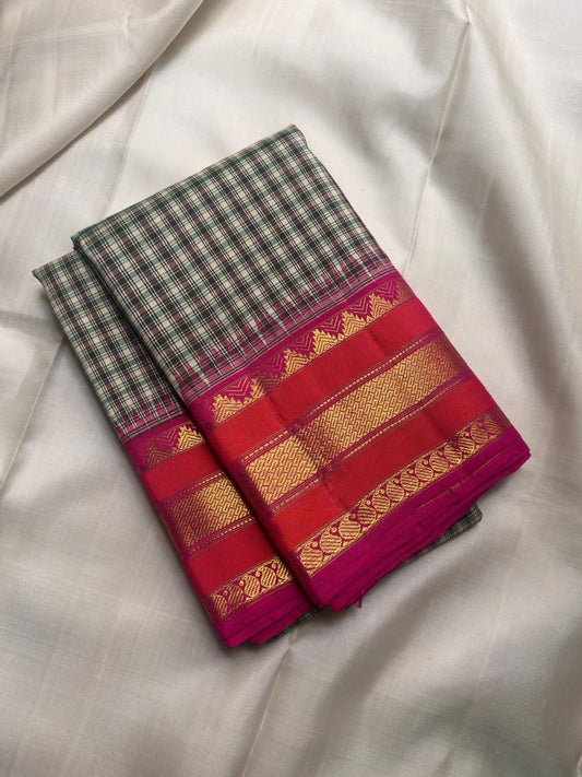 Handwoven Pure Silk Kanchipuram Varisaipet saree with Raspberry Pink pallu and Coral Orange border