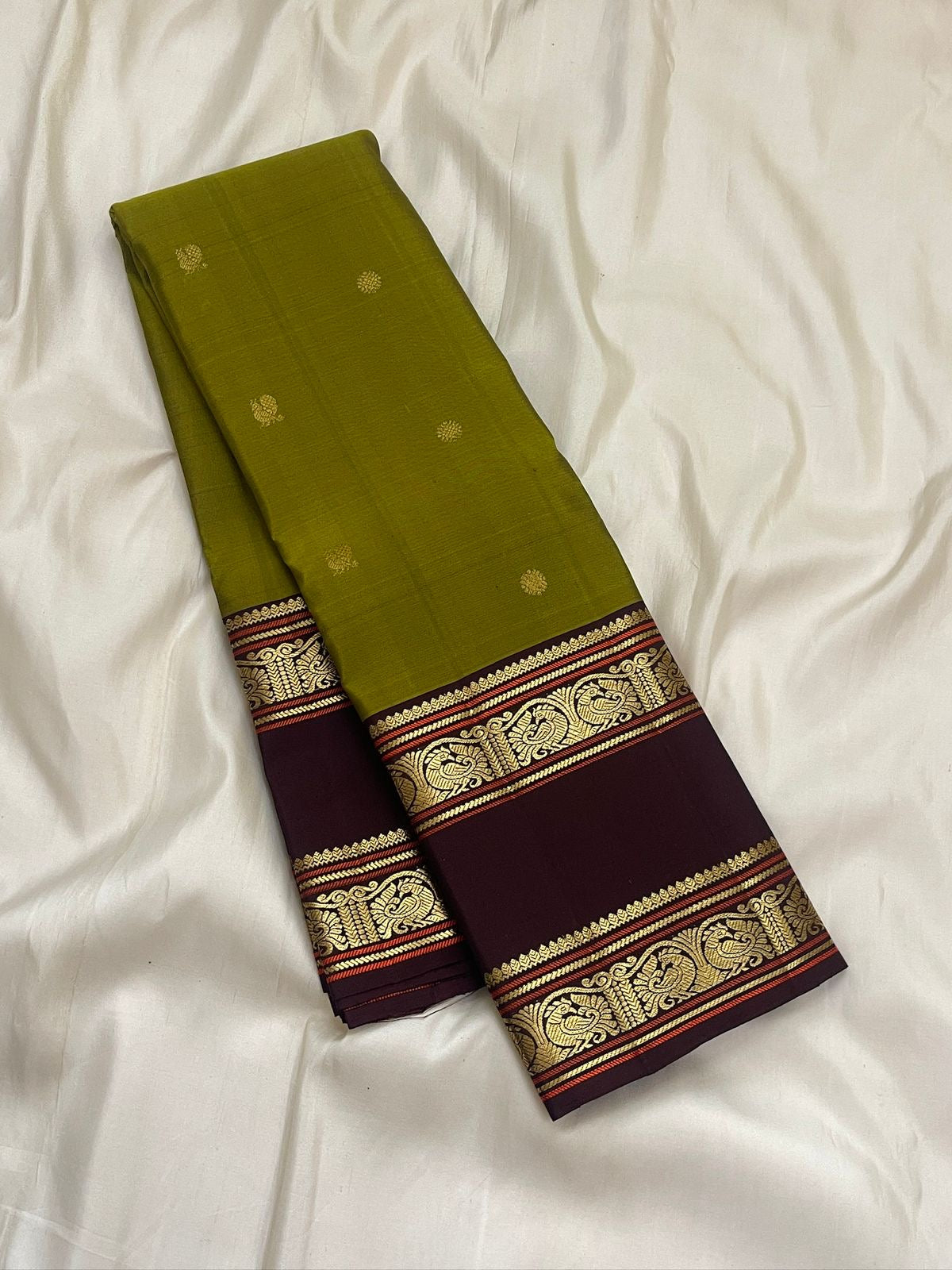 Antique Olive Green and Deep Espresso Brown Handwoven Pure Silk Kanjivaram Rettapet Saree with Vintage Gold Zari Buttas