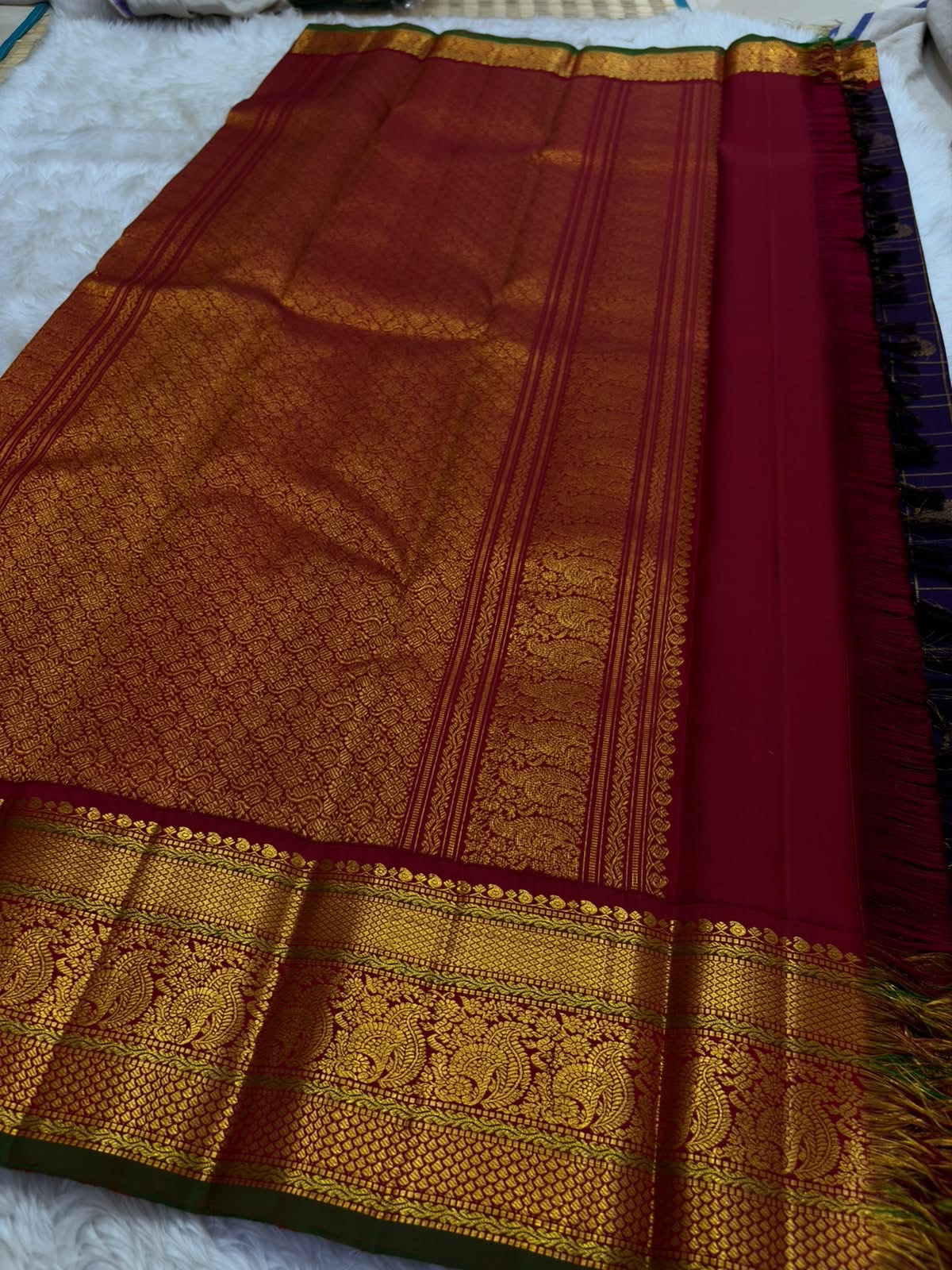 Vintage Aubergine Handwoven Pure Silk KanchiPattu Saree with Zari Kattam and Arakku Red Korvai Mayil Border