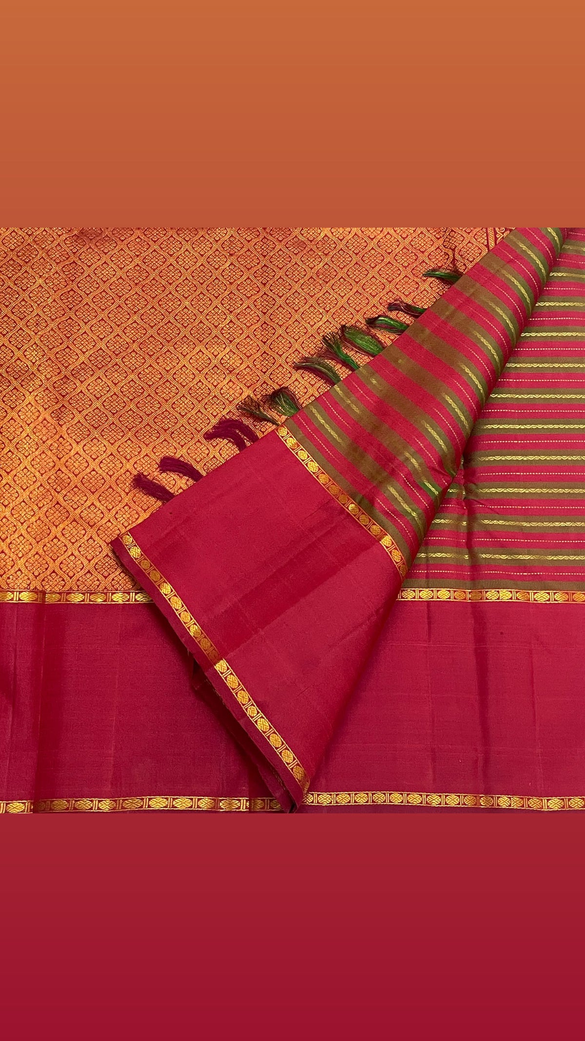 Unfolded vintage-inspired Kanjivaram silk saree with reddish-pink Rettapet borders, olive-green Vazhaipoo stripes and an ornate copper-gold Seer Pallu