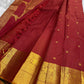 Vintage maroon Kanjeevaram pure silk saree, close view of the kili motif pallu.