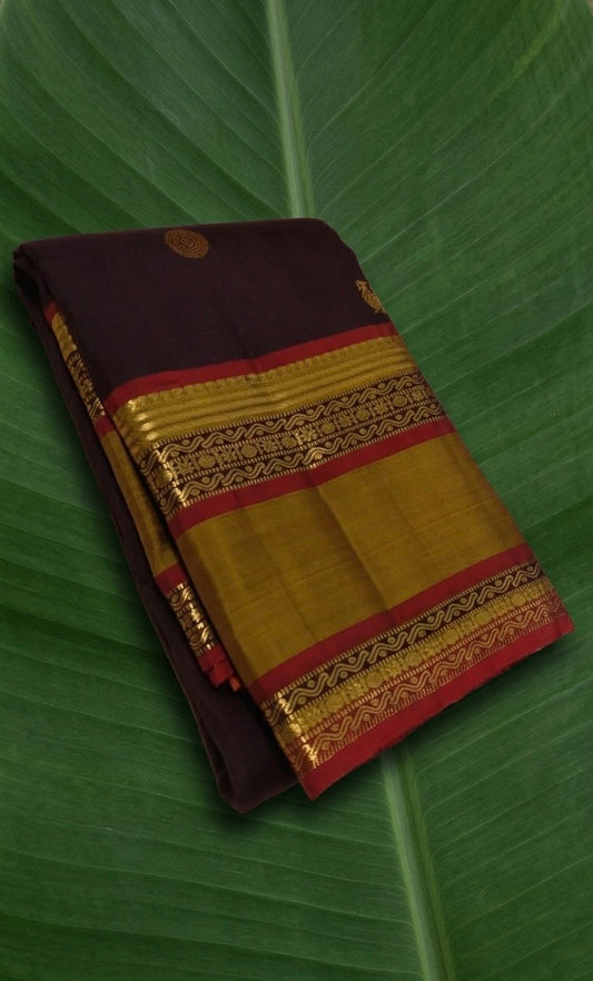 Vintage purple brown Kanchipuram silk saree with kamalam butta motifs and korvai zari border
