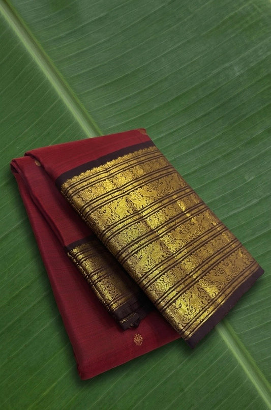 Vintage red kemp ruby Kanchipuram silk saree with espresso brown korvai varisaipet border