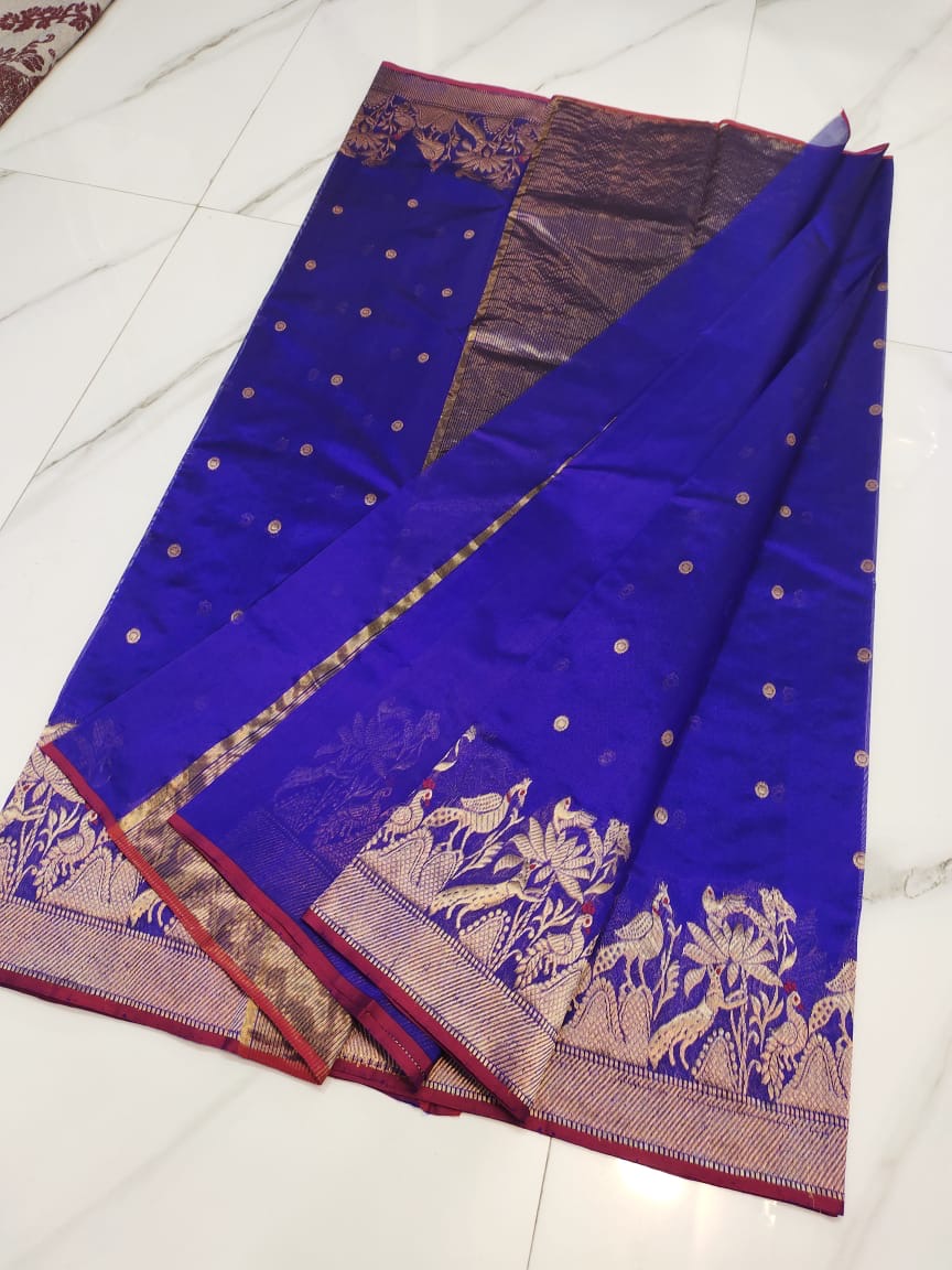 Violet-blue Chanderi saree with antique-gold floral borders