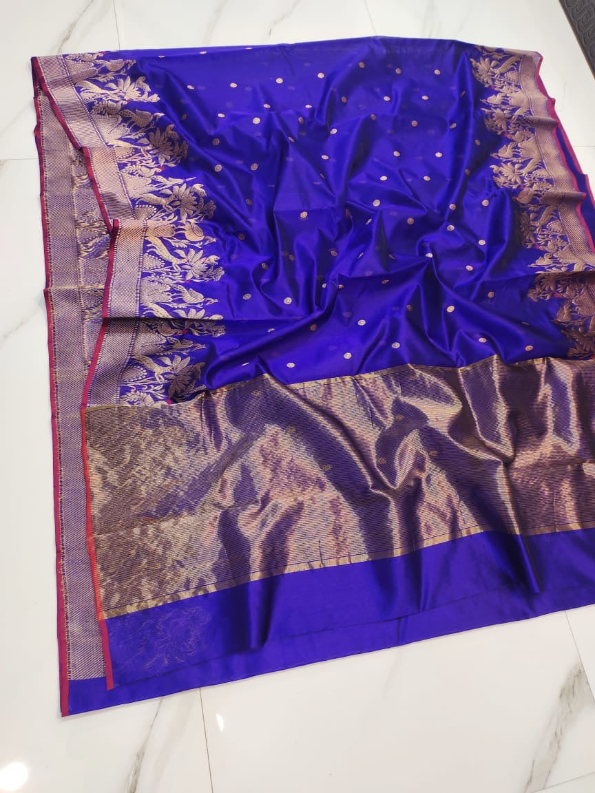 Violet-blue Pattu Silk Chanderi saree with golden buttas