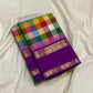 Multicolour Jewel Box Checks Handwoven Pure Silk Kancheepuram Saree with Violet Rettapet Border, silk body close-up