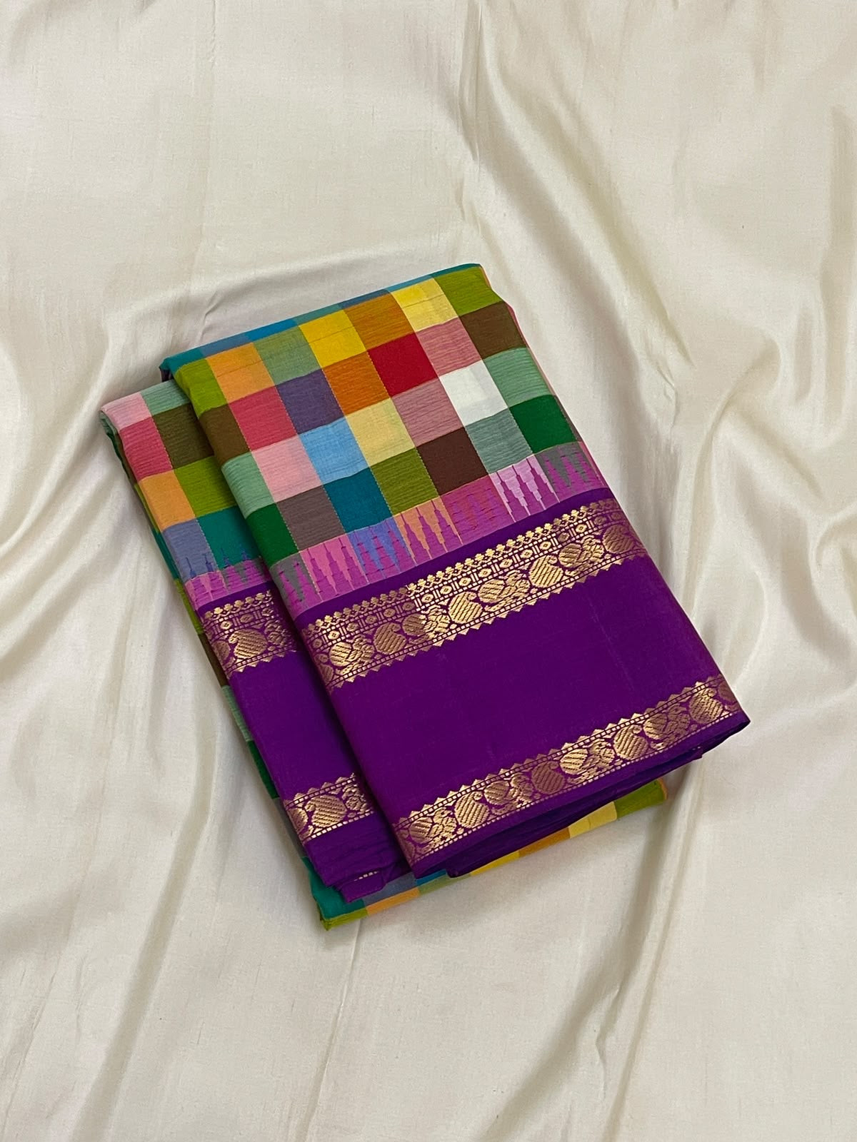 Multicolour Jewel Box Checks Handwoven Pure Silk Kancheepuram Saree with Violet Rettapet Border, silk body close-up