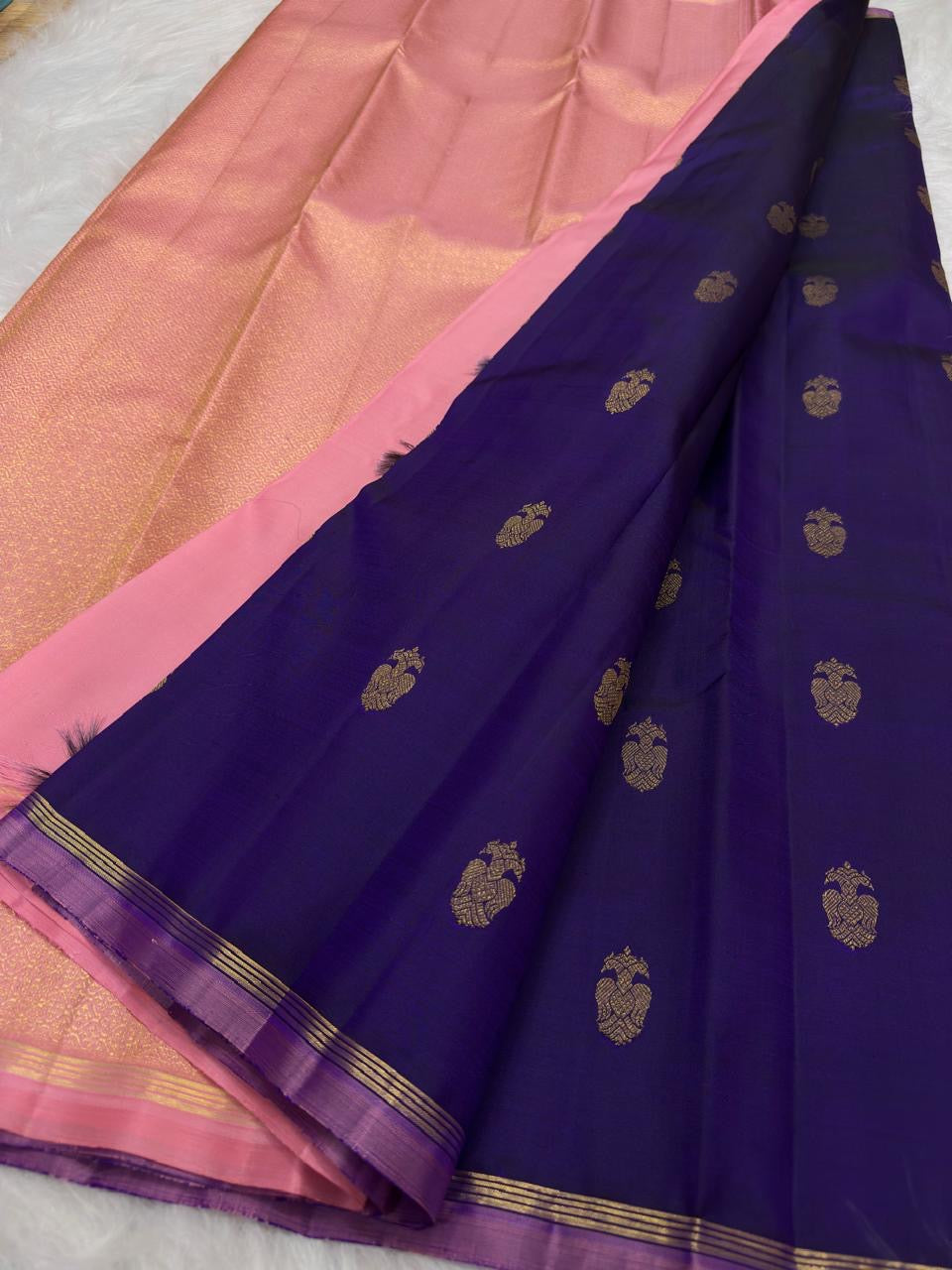 Violet and Gold Handwoven Pure Silk Kanjeevaram Saree with Gandaberunda Butta and Rettapet Border