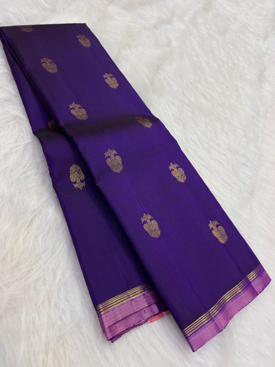 Violet and Gold Handwoven Pure Silk Kanjeevaram Saree with Gandaberunda Butta and Rettapet Border