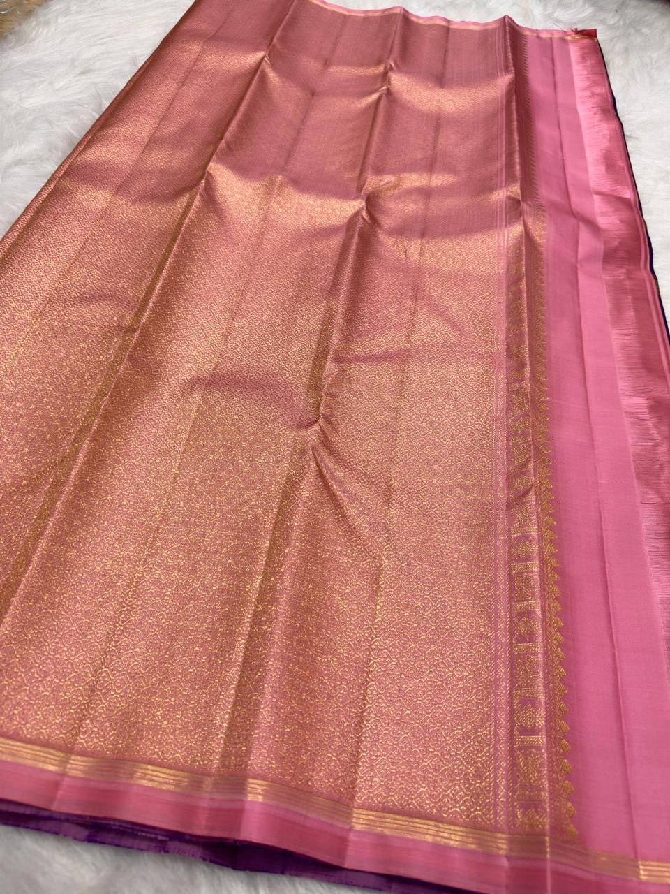 Violet and Gold Handwoven Pure Silk Kanjeevaram Saree with Gandaberunda Butta and Rettapet Border