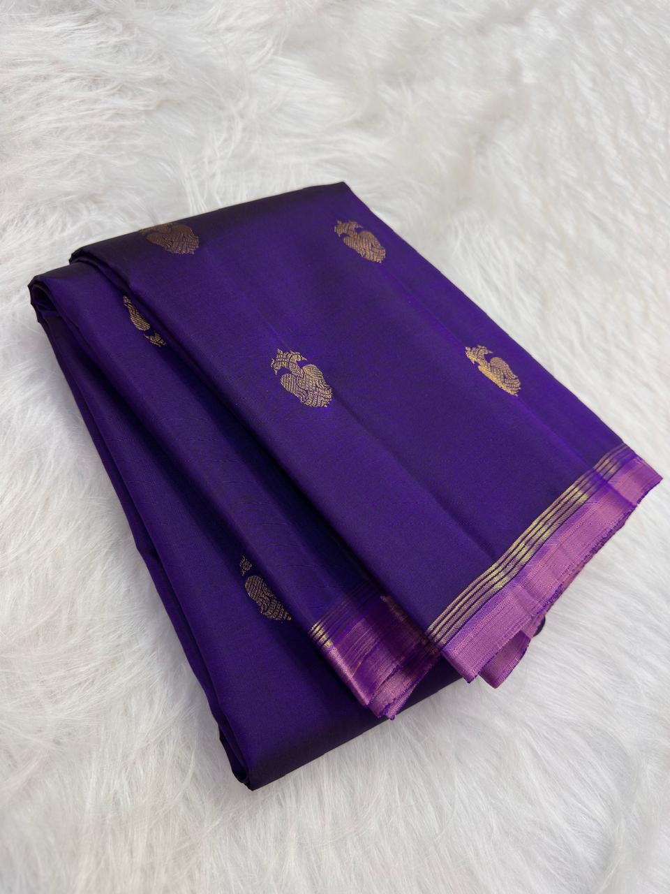 Violet and Gold Handwoven Pure Silk Kanjeevaram Saree with Gandaberunda Butta and Rettapet Border