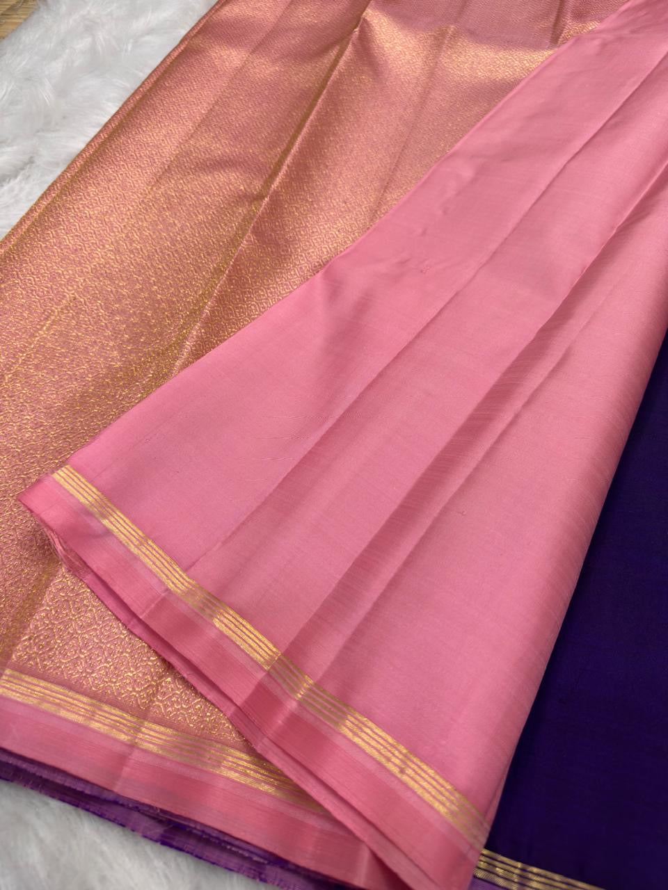 Violet and Gold Handwoven Pure Silk Kanjeevaram Saree with Gandaberunda Butta and Rettapet Border