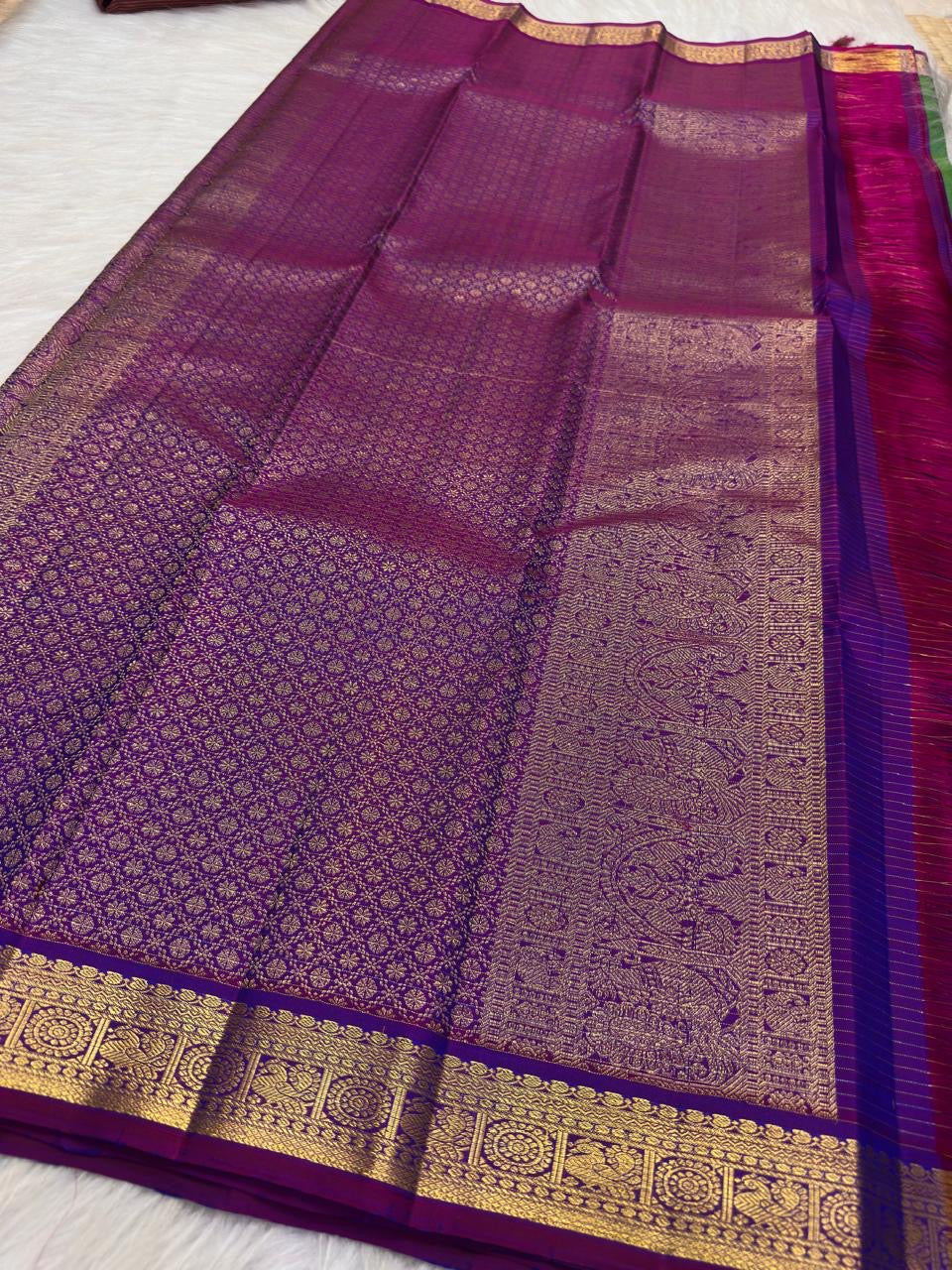 Violet Kanchipuram Pettu with framed Floral Chakram gold zari medallions