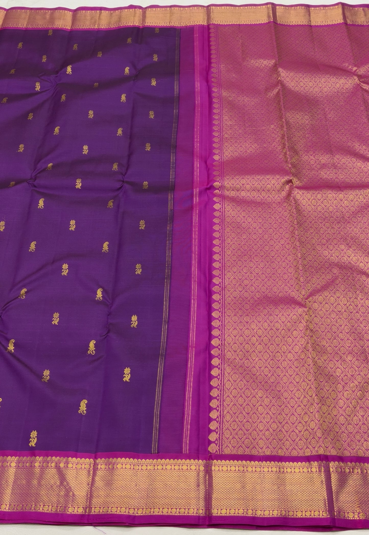 Violet magenta Kanchipuram silk saree with Korvai construction and gold zari motifs — Idam Living