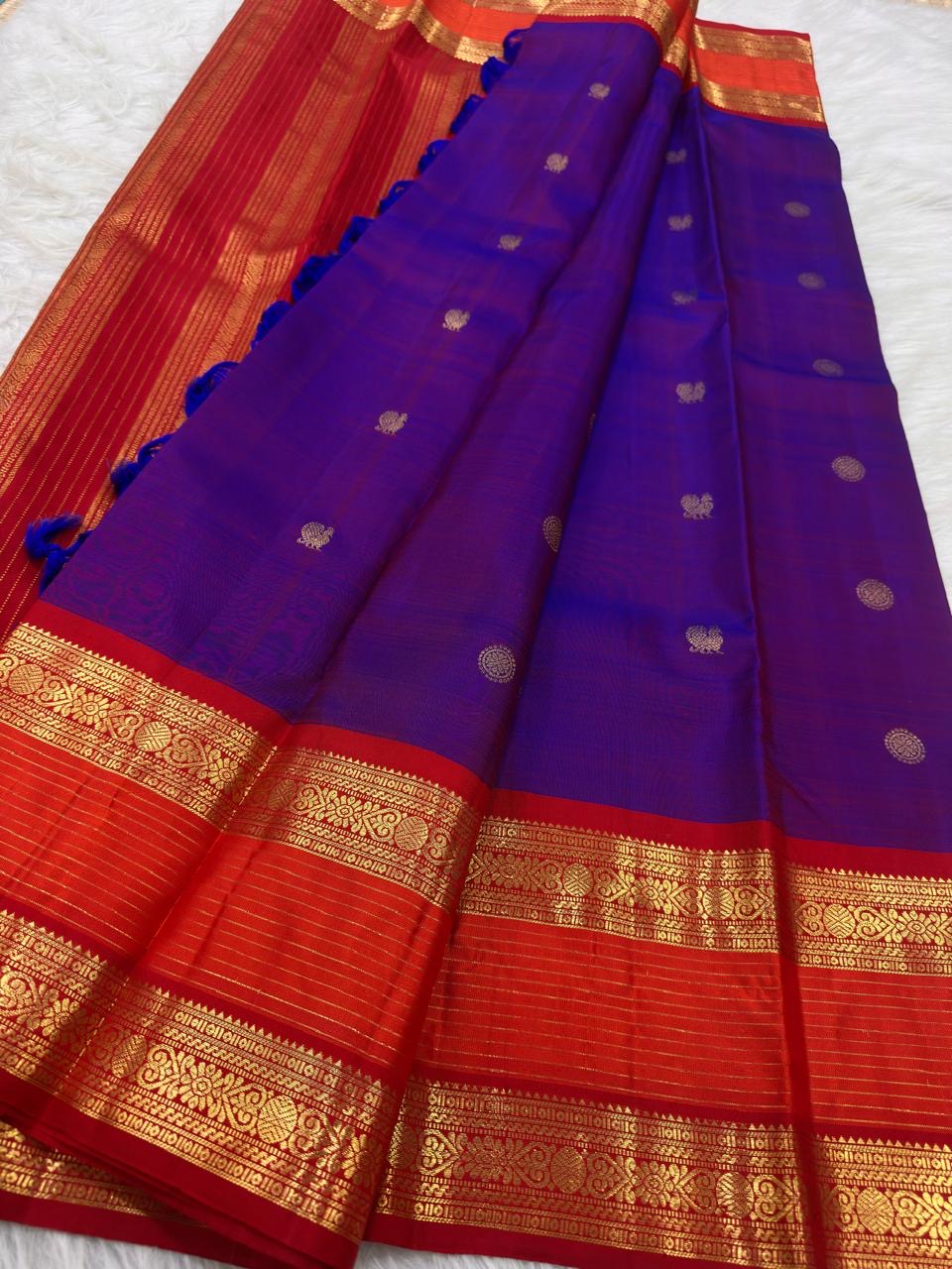 Kathiripoo violet and kumkumam red Rettapet pure silk Kanchipuram saree – view 1