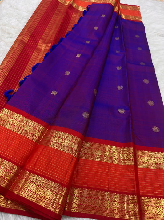 Kathiripoo violet and kumkumam red Rettapet pure silk Kanchipuram saree – view 1