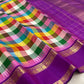 Multicolour Jewel Box Checks Handwoven Pure Silk Kancheepuram Saree with Violet Rettapet Border, body and border detail