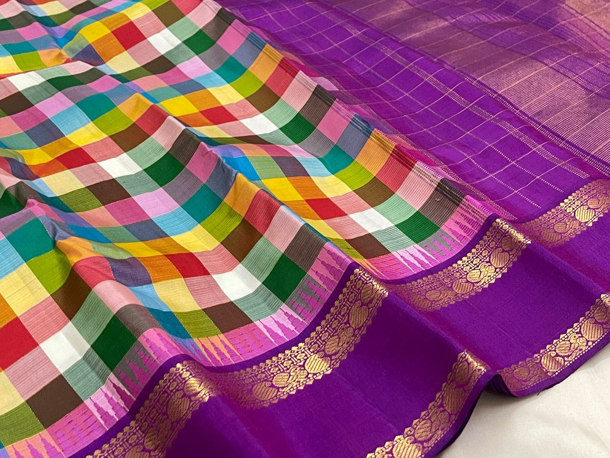 Multicolour Jewel Box Checks Handwoven Pure Silk Kancheepuram Saree with Violet Rettapet Border, body and border detail