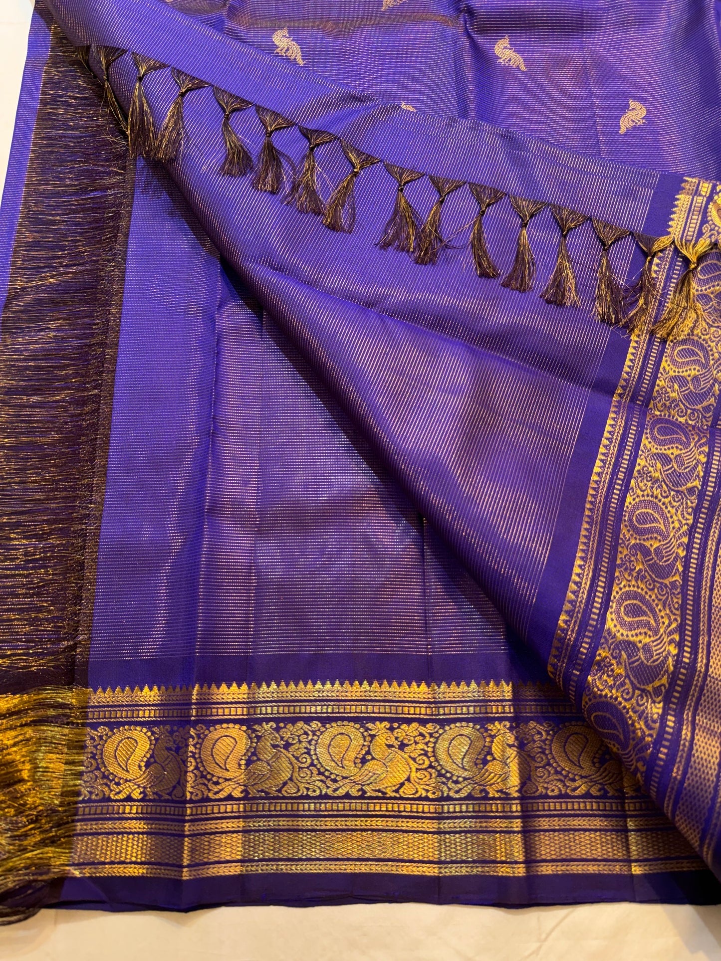 Royal Violet Handwoven Pure Silk Kanchipuram Vairaoosi Saree with Bird Zari Buttas and Antique Gold Border