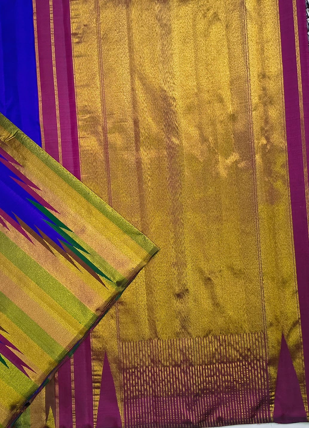 Multi-colour ettukol border detail on vivid blue Kanjeevaram pure silk saree — Idam Living