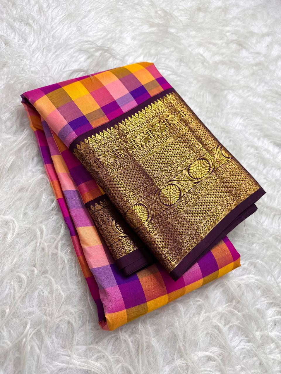 Mango yellow rose pink and purple checked Kanjeevaram saree | Kanjeevaram pure silk saree.